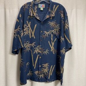 Hilo Hattie’s Silk Hawaiian shirt SZ XL navy/olive bamboo print EUC vacation